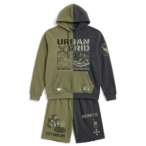 Urban Grid Hoodie Shorts <b>Set</b> Men's Street Style Cotton French Terry Printed Two-Tone Olive Black Autumn Wear - Product Image 1