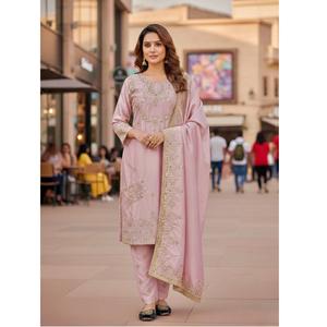 Ensemble haut et pantalon en soie fantaisie pour femme, best-seller en gros, avec broderie riche et travail manuel au miroir véritable, idéal pour les événements spéciaux. - Product Image 1