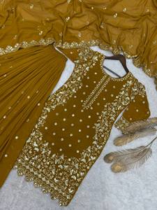 Conjunto Sharara de Georgette con Bordado Intenso, Kurti Tradicional Indio Pakistaní para Mujer, Dupatta, Traje para Bodas y Fiestas - Product Image 3