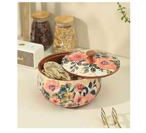 Caja de Madera para Chapati con Estampado Floral y Tapa, Contenedor Decorativo para Guardar Roti para la Cocina o Mesa de Comedor - Product Image 1