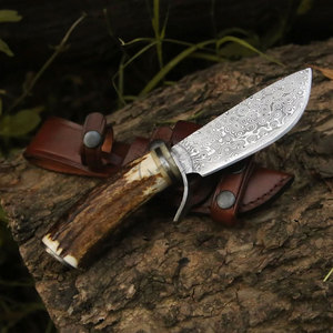 Couteau de chasse Bowie en acier Damas 1095 à haute teneur en carbone et alliage 15N20 de 9,5 pouces - Lame fixe forgée à la main, ambidextre, avec manche en bois de cerf pour la survie - Product Image 4