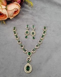 Oval <b>Link</b> Chain Necklace With Pear Drop Halo Pendant & Matching Earring Elegant American Diamond Jewelry Set for Women Wholesale - Product Image 2