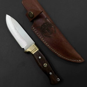 Couteau de camping Jexa en acier inoxydable à lame fixe, couteau de chasse à lame partiellement dentelée avec manche en bois, étui en cuir, multifonction - Product Image 1