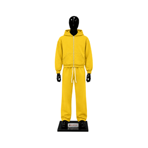 <b>Yellow</b> mens full zip <b>hoodie</b> tracksuit set plain fleece jogger pants casual streetwear two piece sports outfit relaxed fit - Product Image 1