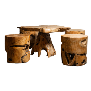 ARTERRA Juego de Mesa de Raíz de Teca Rústica Artesanal de Lujo con Taburetes de Madera Natural, Muebles Hechos a Mano para Sala de Estar - Product Image 1