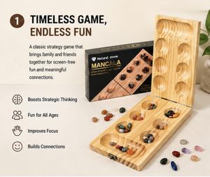 Jeu de Mancala en bois avec pierres colorées, design traditionnel sculpté, étui de rangement pliable - Product Image 5