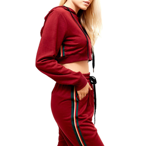 Women Red Hooded Cropped Sweatshirt & <b>Jogger</b> <b>Set</b> Full Sleeve Solid Color Casual Tracksuit With Side Pockets Drawstring Waist - Product Image 6