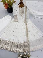 Gaun Pesta Diwali Wanita TENNECY, Panjang Lantai, Bahan Georgette Tebal, Bordir Payet, Anti Kusut, Daur Ulang, Cepat Kering