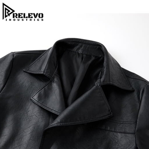 Abrigo Largo de Cuero Negro Vintage de Alta Calidad para Hombre, Chaqueta Casual Urbana de Cuero Sintético con Solapa de Muesca y Detalle en el Puño de la Manga - Product Image 3