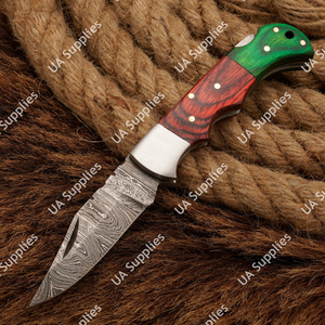 Navaja Plegable de Bolsillo de Alta Gama, Damasco, con Madera Estabilizada y Refuerzo de Acero, Profesional, EDC, para Caza, Pesca, Táctica, Venta al Por Mayor - Product Image 1