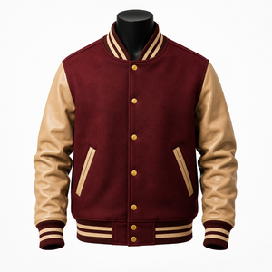 Chaqueta Universitaria Personalizada Color Granate, Cuerpo de Lana, Mangas de Cuero Beige, Chaqueta Letterman, Fabricante de Marca Privada OEM - Product Image 1