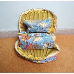 Beautiful Block Printed Quilted Cotton Vanity Bag Set Of 3 Pieces Women's Travel Cosmetic Pouch Storage Cosmetic Bags And <b>Cases</b> - Product Image 4
