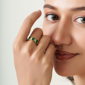 Productos de Moda, Anillo de Tres Piedras Apilables de Oro Amarillo Real de 14K con Esmeralda Natural y Diamantes, Precio de Fábrica al por Mayor - Product Image 4