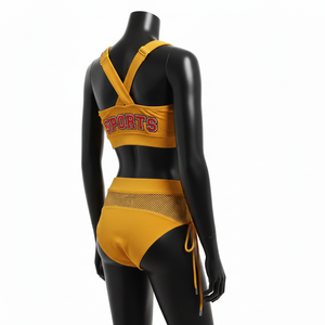 ชุดบิกินี่ผู้หญิง 230 GSM โพลีเอสเตอร์ สแปนเด็กซ์ สีมัสตาร์ด ดีไซน์ตาข่ายปักลาย ปักโลโก้ตามสั่ง ชุดบิกินี่ผู้หญิง - Product Image 2