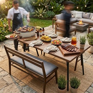 Solid Wood Outdoor <b>Garden</b> <b>Set</b> Teak Patio Table Bench Chairs Contemporary Design Weather Resistant 6 Seater - Product Image 1