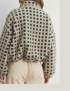 Best Selling Women's Cream <b>Green</b> Grid Sherpa <b>Jacket</b> Jacquard Pile Knit Full Zip Elastic Cuffs Shock <b>Cord</b> Hem B2B Manufacturing - Product Image 6