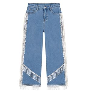 Jeans con Flecos Azules Perla para Mujer, Pantalones Vaqueros de Pierna Ancha, Pantalones Casuales a la Moda, Prendas de Vestir Urbanas Elegantes, Ropa para Uso Diario - Product Image 1