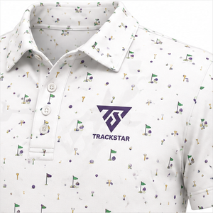 Camiseta Polo Trackstar para Hombre, Blanca Multicolor con Estampado de Iconos de Golf, Manga Corta, Cuello con Botones, Camisa Deportiva Casual, Logotipo Personalizado - Product Image 3