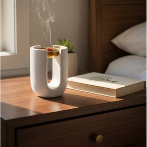 Brûleur d'encens en bois artisanal avec insert en métal doré et grain de bois riche, parfait pour une ambiance cosy et la décoration intérieure. - Product Image 4