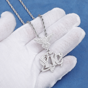 Mens Lab--Grown Diamond 925 <b>Silver</b> Angel Wing <b>Initial</b> Pendant <b>Necklace</b> Luxury Iced Out Chain - Product Image 1