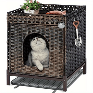 Casetta in Rattan intrecciata a mano in metallo piedi accresciuti 18.5 × 20.4 × 23.2 pollici lettiera per gatti mobili per soggiorno - Product Image 1