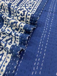 Hot Selling Handmade Indian Vintage Indigo Block Printed Cotton Kantha <b>Quilt</b> Reversible Bedding Bedspread <b>Throw</b> Blanket - Product Image 1