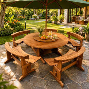 Luxury Solid Teak Round <b>Picnic</b> <b>Table</b> Set with Curved <b>Benches</b> and Umbrella Heavy Duty Commercial Outdoor Furniture for Resort - Product Image 1