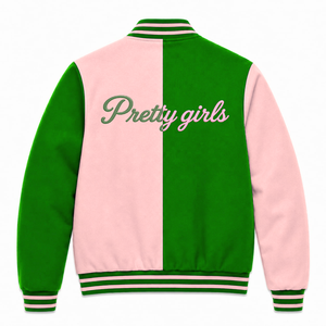 เสื้อแจ็คเก็ตวาร์ซิตี้ Alpha Kapa Alpha Sorority แบบสั่งทำ สีเขียวและชมพู แขนยาว ซิปด้านหน้า คอเสื้อมีแถบ ปักโลโก้ ผ้าฝ้าย - Product Image 3