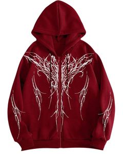 Custom Maroon Unisex Oversized Graphic <b>Zip</b> <b>Up</b> Hoodie Heavyweight Fleece Sweatshirt Tribal Spider Web Streetwear <b>Jacket</b> Hoodies - Product Image 1