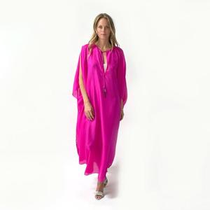 Vestido Maxi Kaftan de Gasa Rosa con Cuello Keyhole, Manga Larga, Ajuste Holgado, Verano, Casual, Color Sólido, Transpirable, para Mujer - Product Image 1