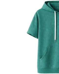 Sudadera con Capucha Verde Azulado de Manga Corta para Hombre, Casual, Ligera, de Verano, Estilo Urbano, Mezcla de Algodón, con Bolsillo Canguro - Product Image 4