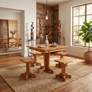 Table à manger carrée rustique en bois massif avec 4 tabourets, base sur piétement, artisanale, pour cuisine, coin petit-déjeuner ou salle à manger - Product Image 3