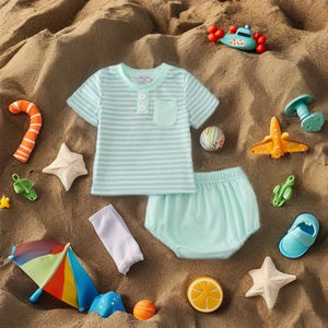 Vente chaude Garçons Vêtements Ensemble Léger et Respirant Classique Menthe Rayure Motif Bloomer Ensemble - Product Image 5