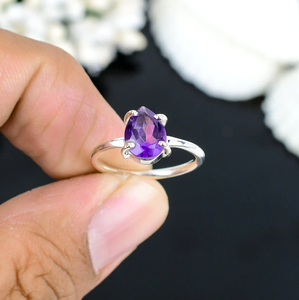 Anillo de Amatista Natural con Corte de Pera, Plata de Ley 925, Anillo de Piedras Preciosas Hecho a Mano, Joyería de Amatista Morada para Mujer - Product Image 5