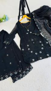 2026 O-Neck Solid Woven Currency Silk Cute 3-Piece Knee-Length Work Kurti Plazzo Dupatta Full Sleeves Waist <b>Elastic</b> <b>Belt</b> - Product Image 2
