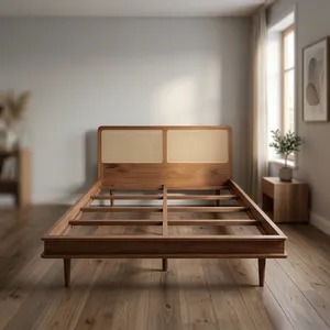 Cadre de lit en bois massif de style Mid-Century Modern, lit plateforme avec tête de lit en rotin, meubles de chambre à coucher - Product Image 3