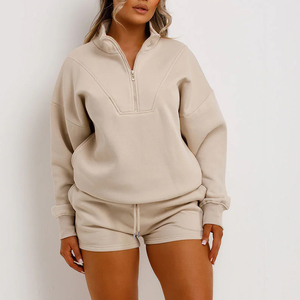 <b>Women</b> Plus Size Solid Color <b>Half</b>-<b>Zip</b> <b>Sweatshirt</b> Set Casual Loose Fit Full Sleeve Cotton Tracksuit Shorts Autumn Wear - Product Image 4