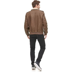 Blouson moto en cuir bordeaux pour homme, col montant, fermeture éclair, coupe ajustée, coupe-vent, pour l'automne, couleur unie - Product Image 2