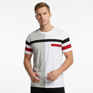 Men's Contrast <b>Trim</b> Color Blocked Short Sleeve O-Neck Front Casual T-Shirt Striped Pattern Breathable Regular Fit Knitted <b>Fabric</b> - Product Image 3