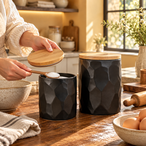 Two Piece Black Faceted Ceramic <b>Canister</b> <b>Set</b> with Natural Wooden Lids | Modern Geometric Kitchen Pantry Storage Jar Organizer - Product Image 3
