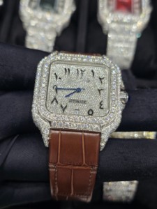 Montre de luxe mécanique pour homme en acier inoxydable, carrée, entièrement sertie de diamants Moissanite, avec bracelet en cuir, analogique, bracelet de 16 mm - Product Image 4