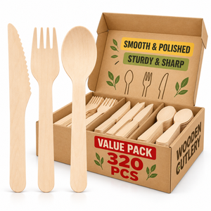 Ensemble de couverts en bois compostables, fourchette, cuillère, couteau jetables naturels, vaisselle durable pour la restauration en gros - Product Image 2