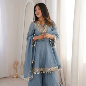 Festive Wear Chinon Kurti Plazzo Set with 3.5 Meter Flair & Mirror Neck Design - Product Image 1