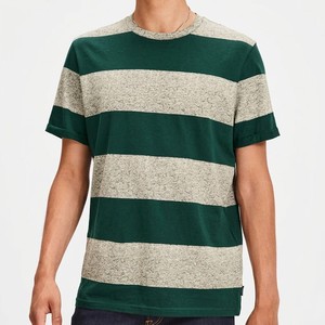 T-shirt à manches courtes rayé pour homme de haute qualité, coupe classique, col rond, en coton tricoté décontracté, motif vert et beige - Product Image 4