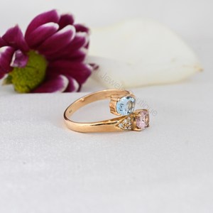 Anillo de compromiso de oro macizo de 14 quilates con tres piedras de aguamarina natural, morganita y diamante - Product Image 3