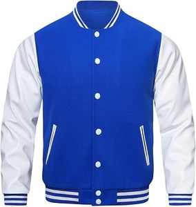 Blouson universitaire unisexe orange d'hiver à capuche avec manches en cuir PU noir, col rond, double boutonnage, décontracté, avec logo, coupe-vent, séchage rapide - Product Image 1