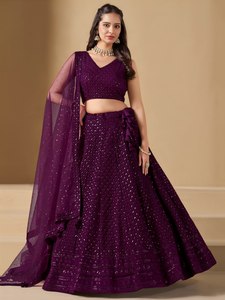 Purple <b>Sequin</b> Embroidered Floral Print Georgette Bridesmaid Floor-Length A-Line Lehenga Choli V Neck Two Piece Wedding Outfit - Product Image 1