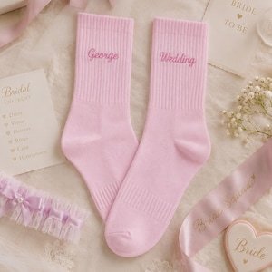New Arrived Custom Design Pink Crew <b>Socks</b> With Custom Name Embroidery <b>Wedding</b> Party Gift <b>Socks</b> - Product Image 3