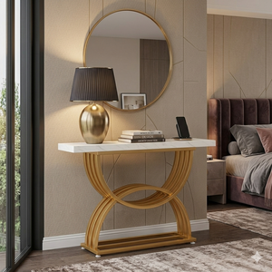 Sculptural Gold Metal Accent <b>Table</b> - Contemporary White <b>Marble</b> Top <b>Console</b> with Unique Curved Frame - Product Image 4