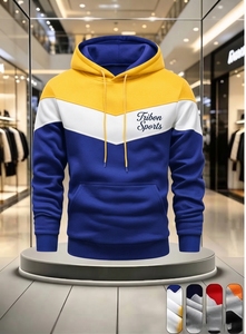 Sudadera con Capucha para Hombre Tribon Sports, Diseño Color Block con Logo Estampado, Corte Regular, Estilo Deportivo Otoñal, Azul, Amarillo, Blanco - Product Image 6